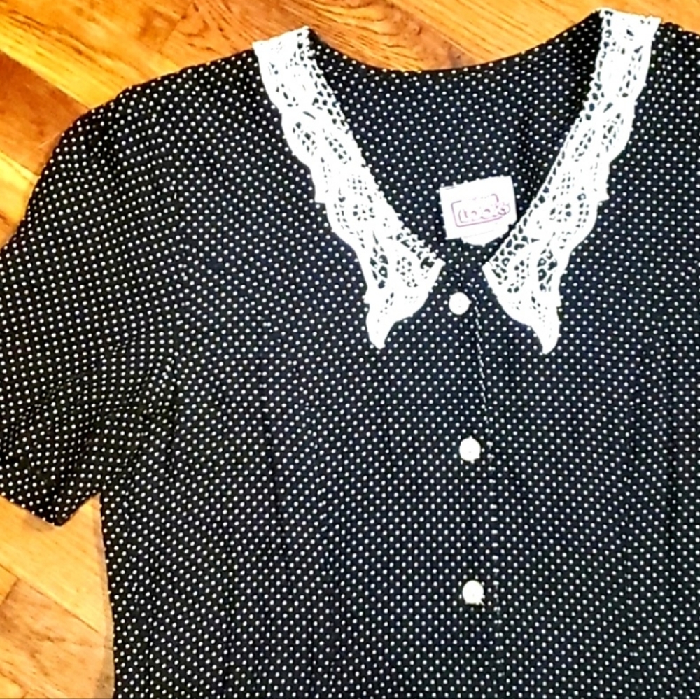 VINTAGE 80S B&W Mini Polka BUTTON Front Dress